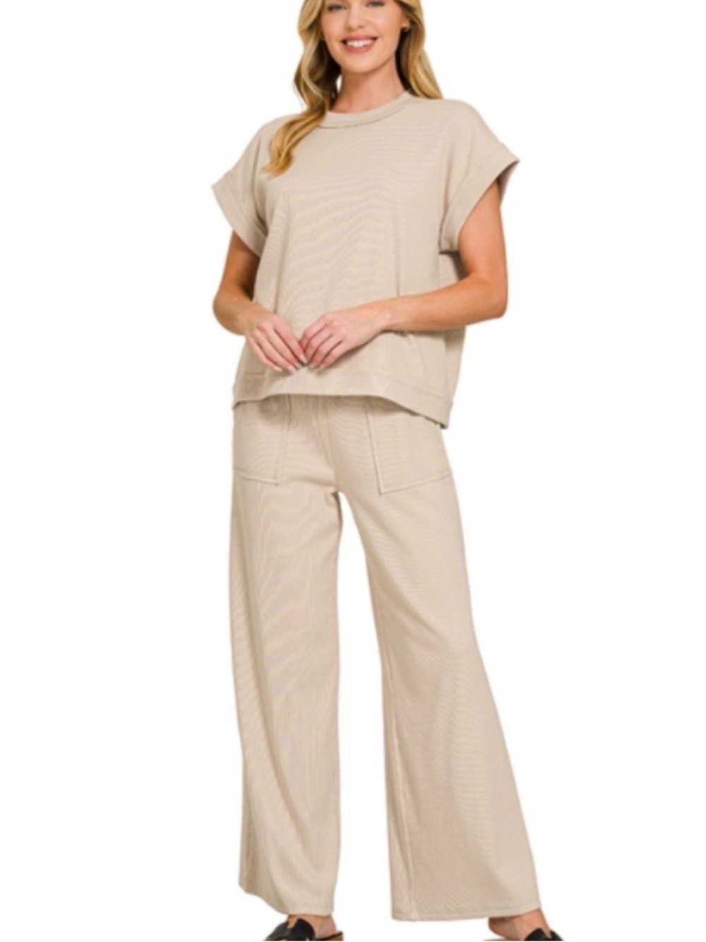 Zenana Outfitters Cream Ribbed Two-Piece Wide-Leg Set